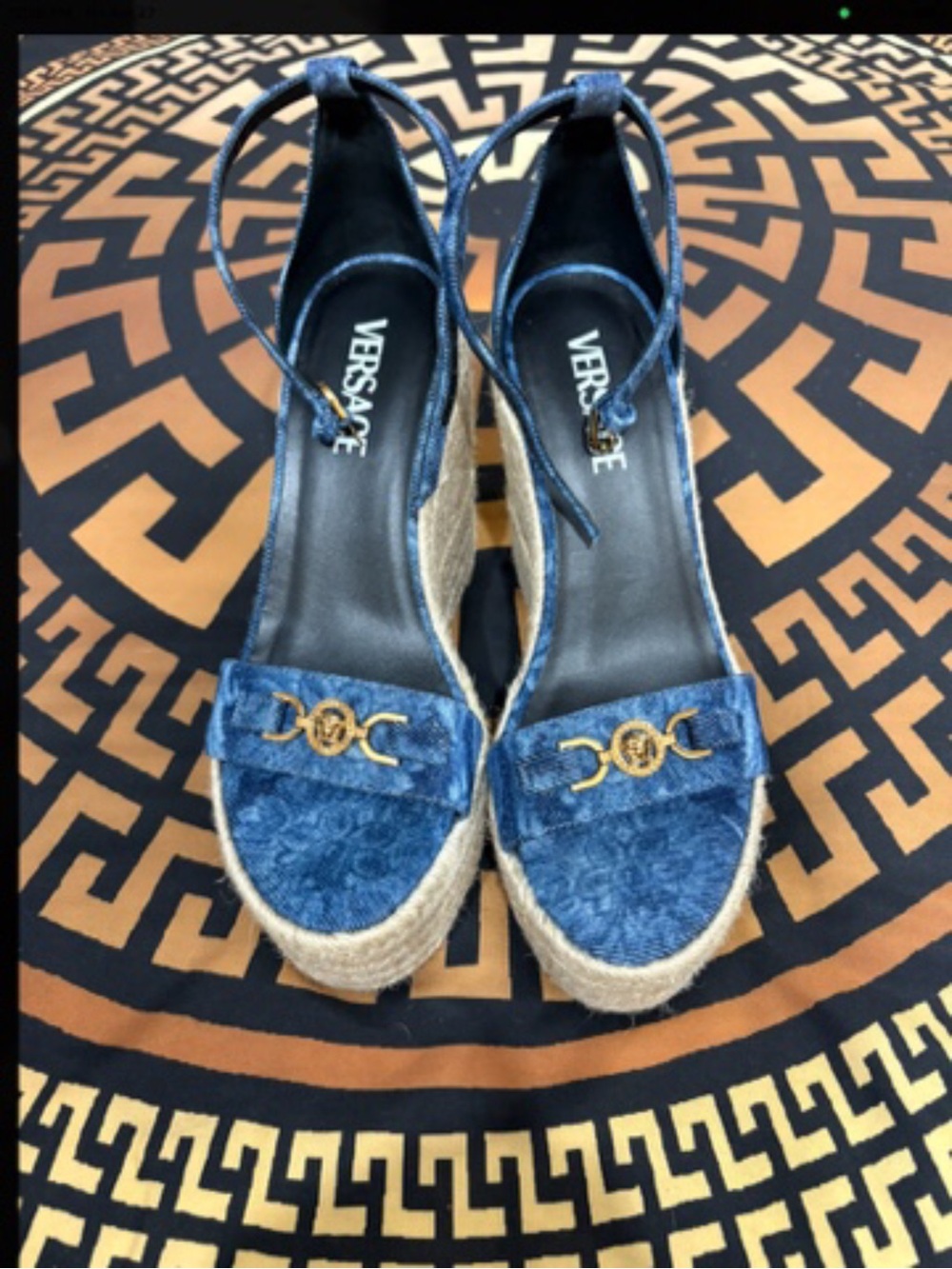 Versace Denim Blue Espadrille Wedge Sandals with Gold Medallion